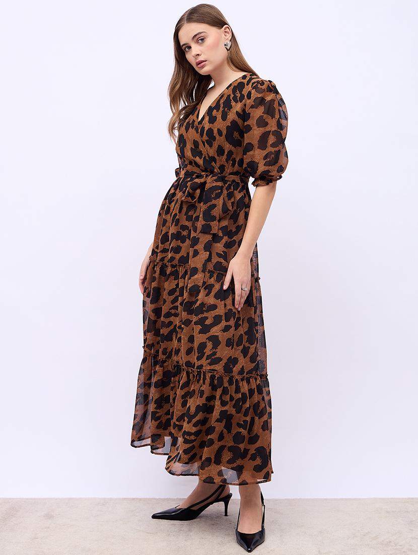 women animal print puff sleeves tiered dress - 21725290 - Standard Image - 2