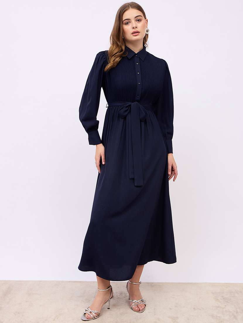 women solid puff sleeves fit & flare dress