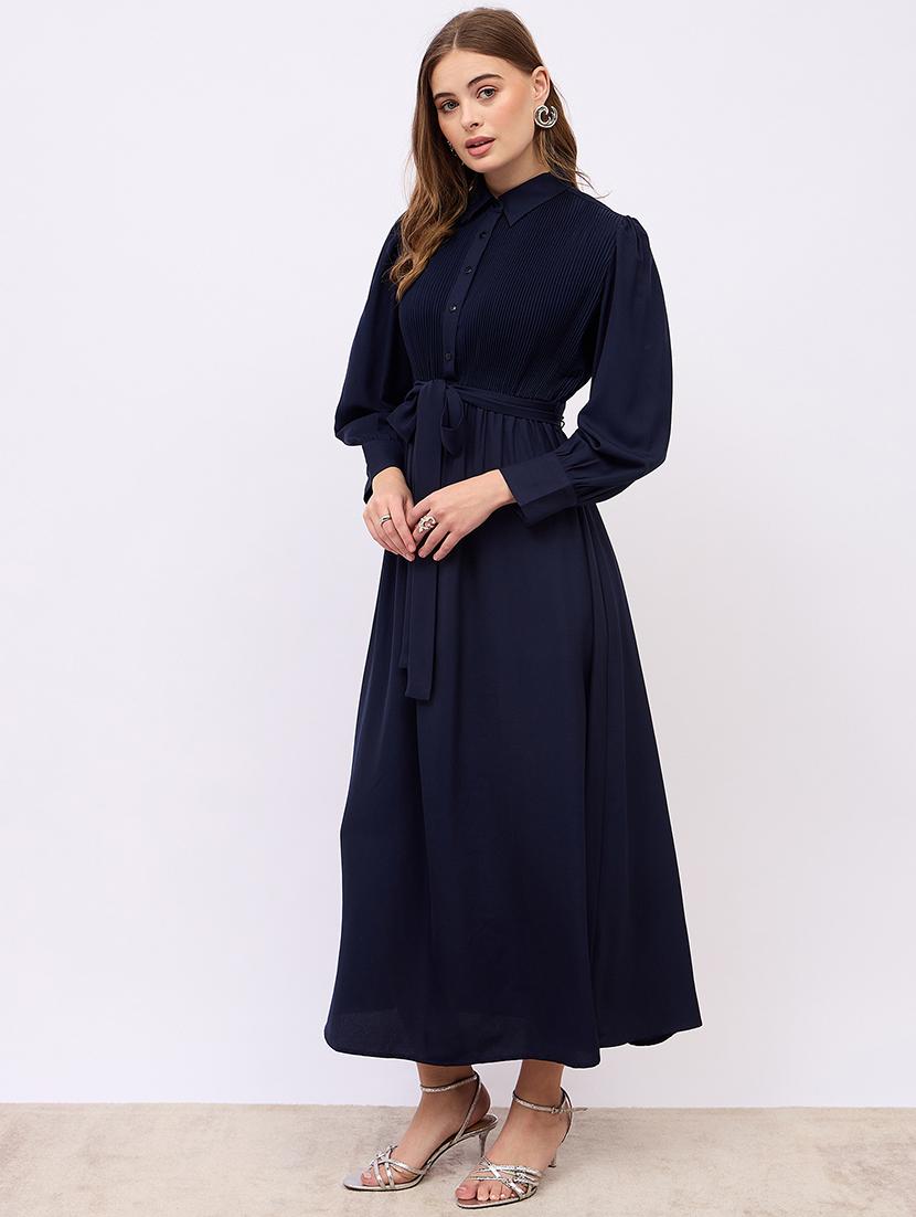 women solid puff sleeves fit & flare dress - 21725300 - Standard Image - 2