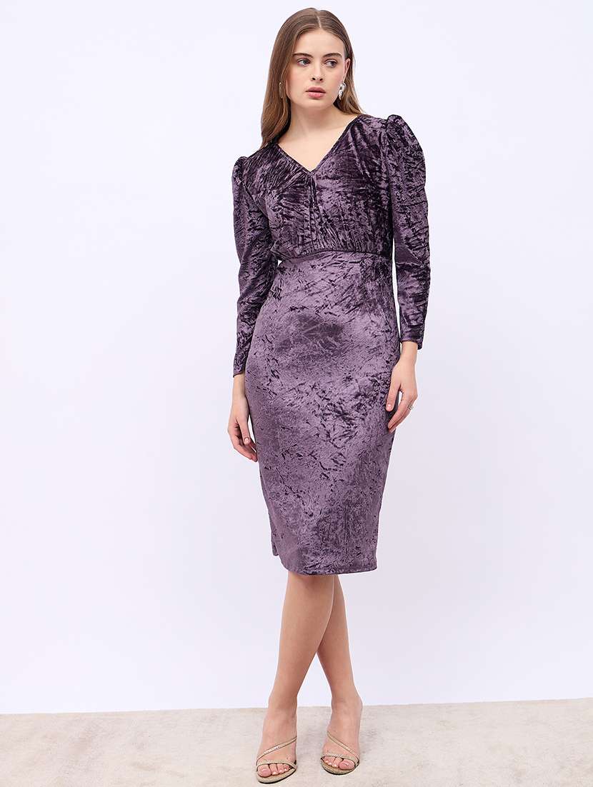 women solid puff sleeves bodycon dress
