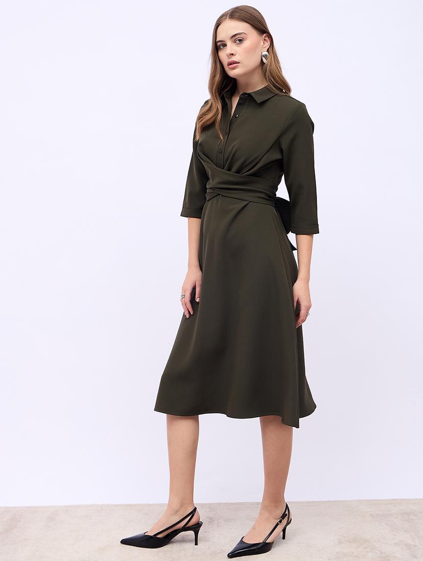 women solid collared fit & flare dress - 21725303 - Standard Image - 2