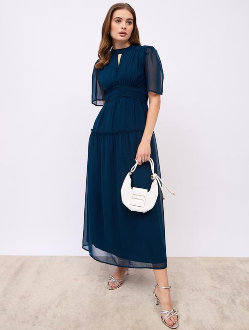 women solid puff sleeves tiered dress - 21725309 - Standard Image - 0