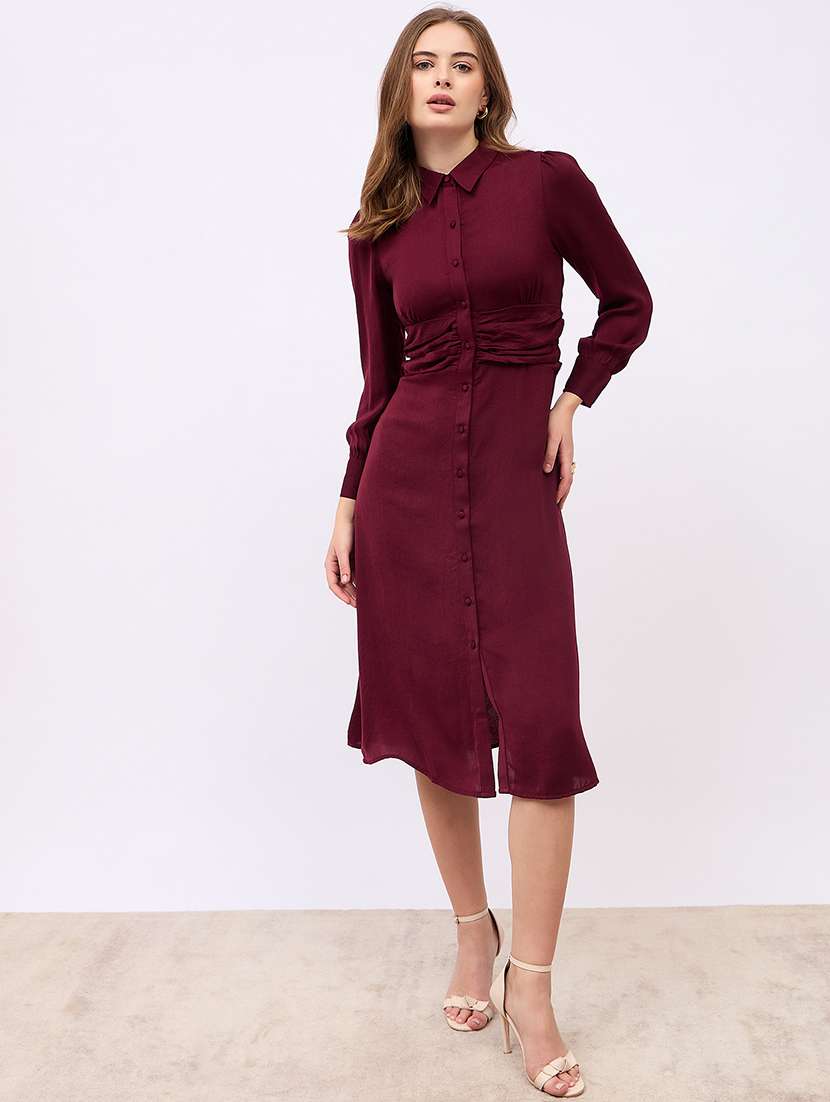 women solid collared puff sleeves shirt dress