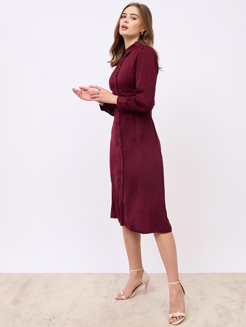women solid collared puff sleeves shirt dress - 21725311 - Standard Image - 2