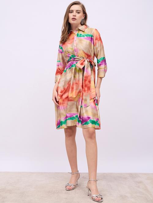 women printed collared wrap detailed a-line dress - 21725312 - Standard Image - 0