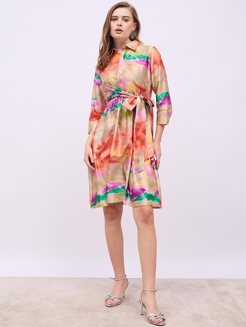 women printed collared wrap detailed a-line dress - 21725312 - Zoom Image - 0