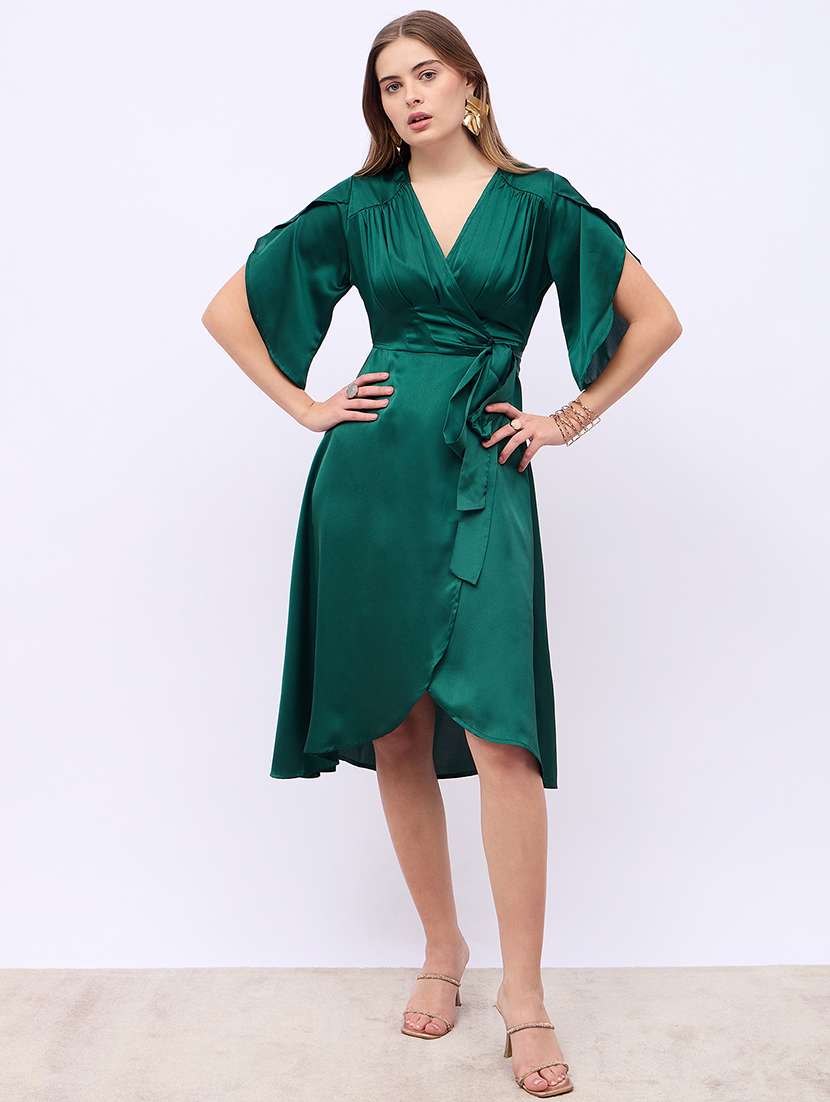 women solid tulip sleeves warp dress