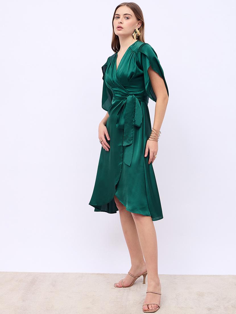 women solid tulip sleeves warp dress - 21725323 - Standard Image - 2