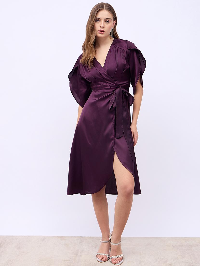 women solid tulip sleeves wrap dress