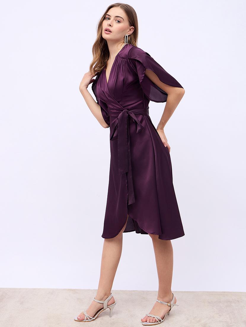 women solid tulip sleeves wrap dress - 21725324 - Standard Image - 2