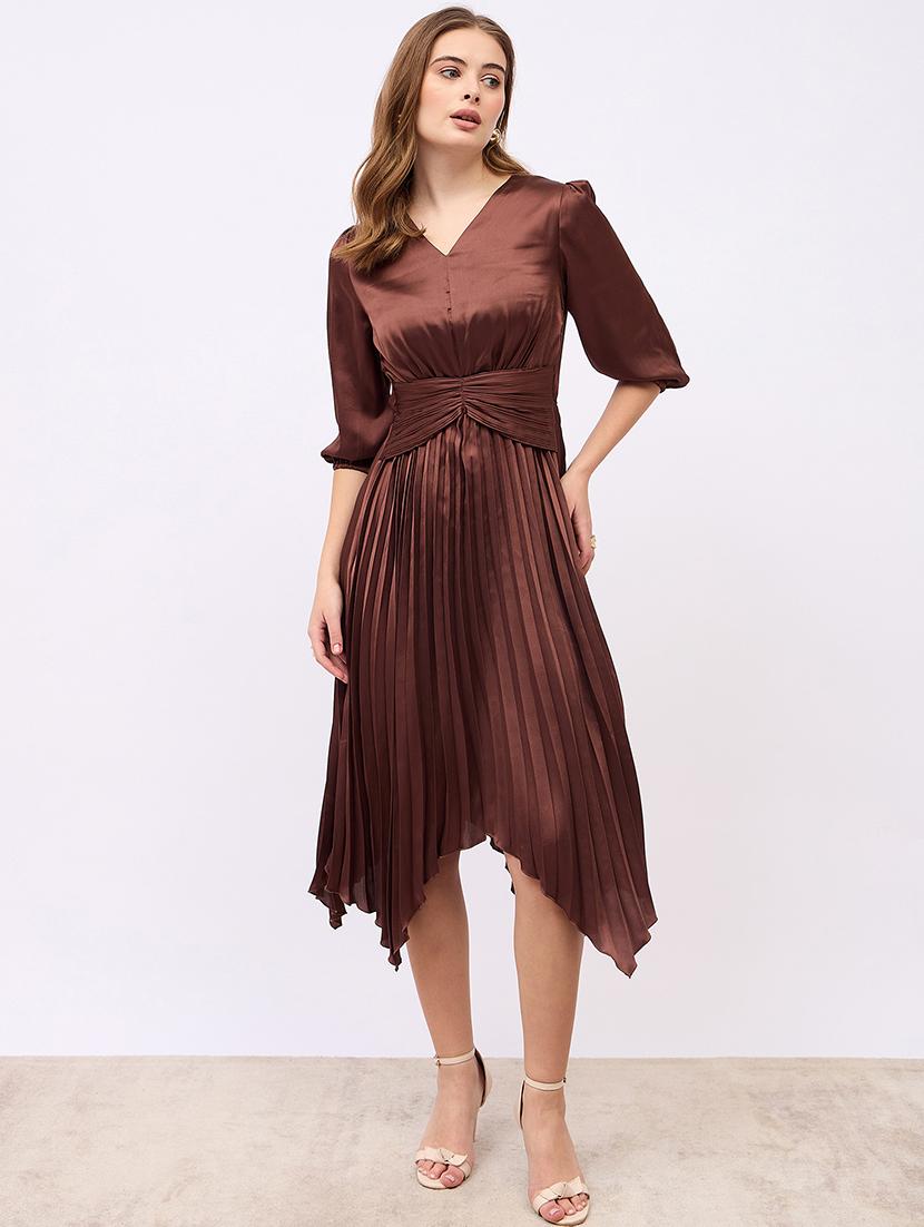 women solid puff sleeves asymmetric dress - 21725325 - Zoom Image - 0