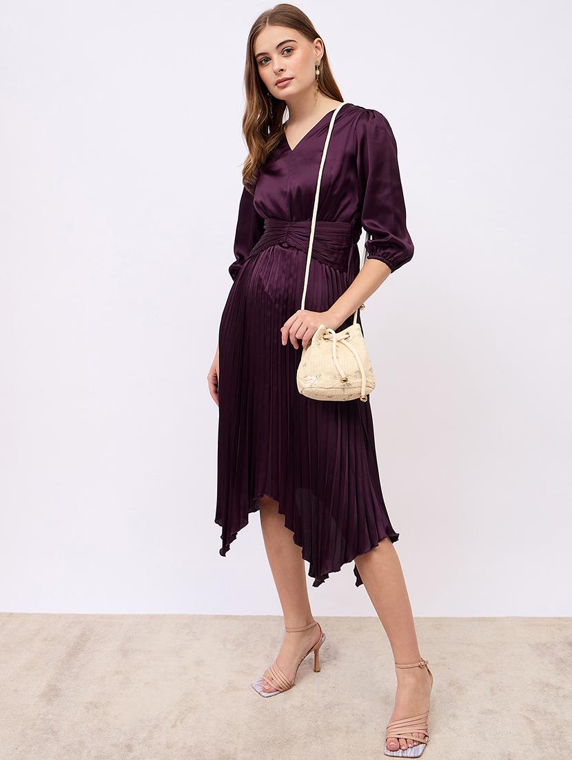 women solid puff sleeves asymmetric dress - 21725326 - Standard Image - 2