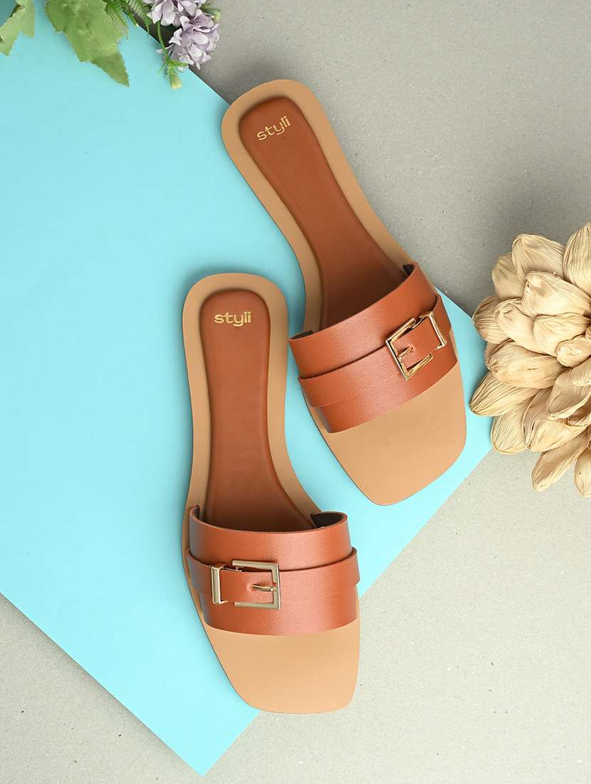 women tan slip on sandal