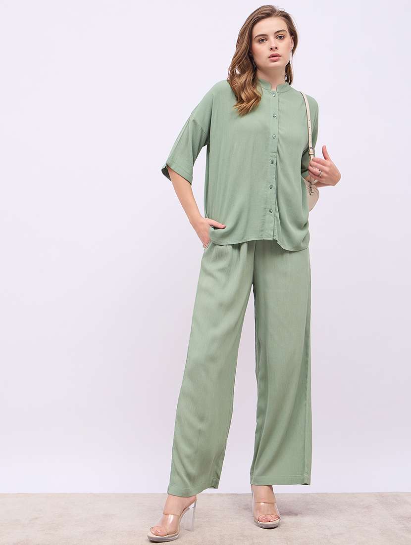 women solid shirt and trouser co-ord set