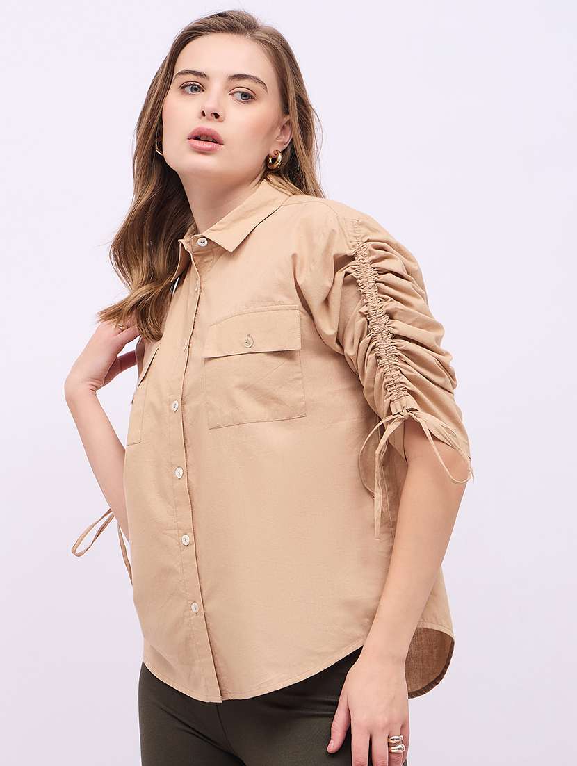 women solid collared ruched sleeves shirt