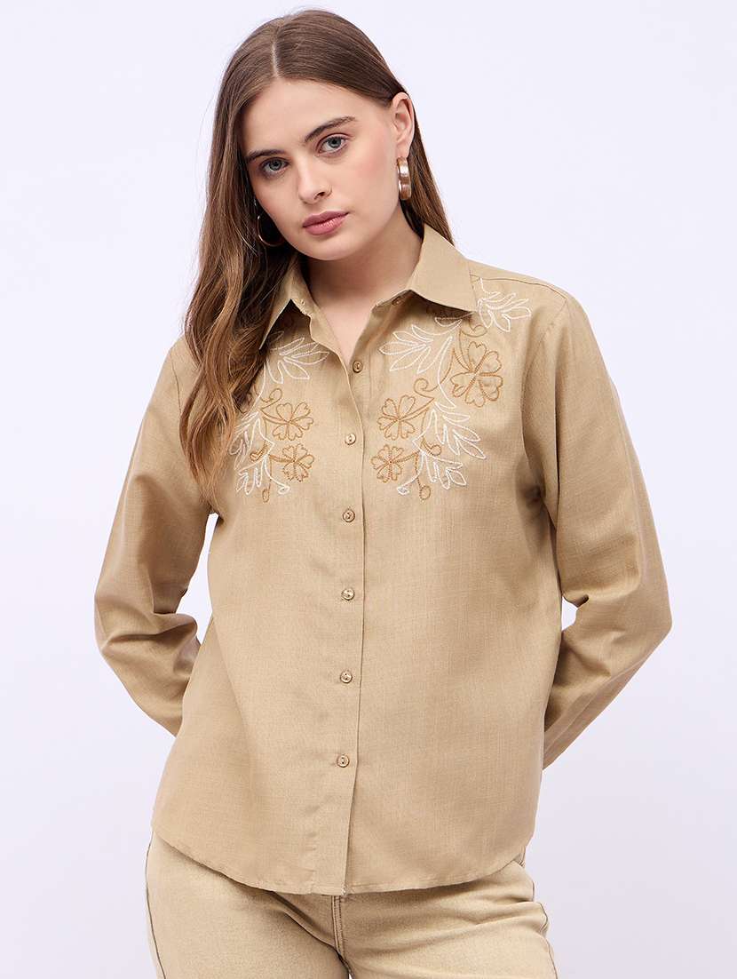 women embroidered collared oversized shirt