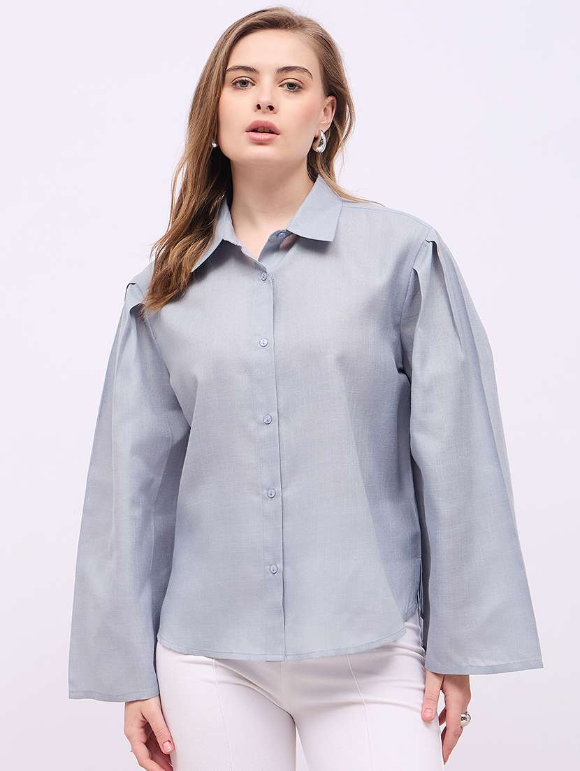 women solid collared puff sleeves shirt - 21725360 - Zoom Image - 0