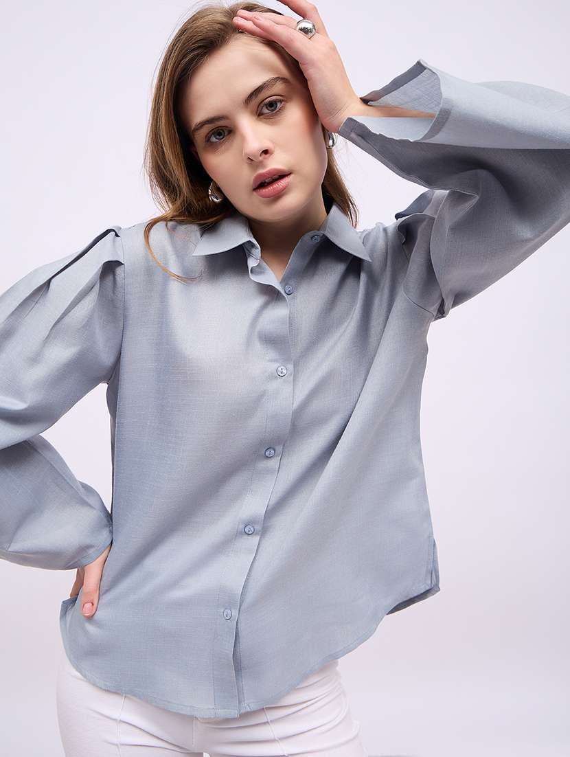 women solid collared puff sleeves shirt - 21725360 - Standard Image - 2