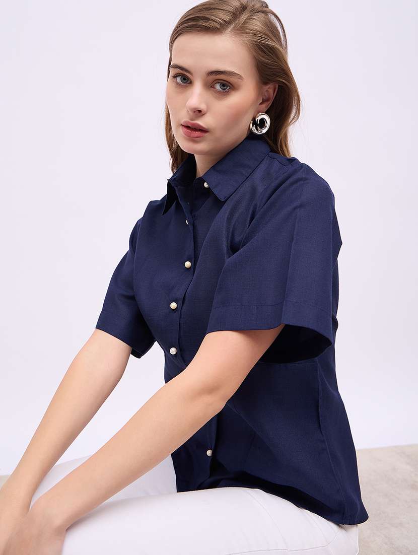 women solid collared short sleeves shirt - 21725362 -  Standard Image - 2