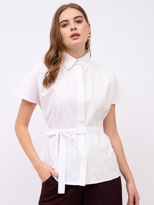 women lace detailed collared short sleeves shirt - 21725364 -  Standard Image - 0