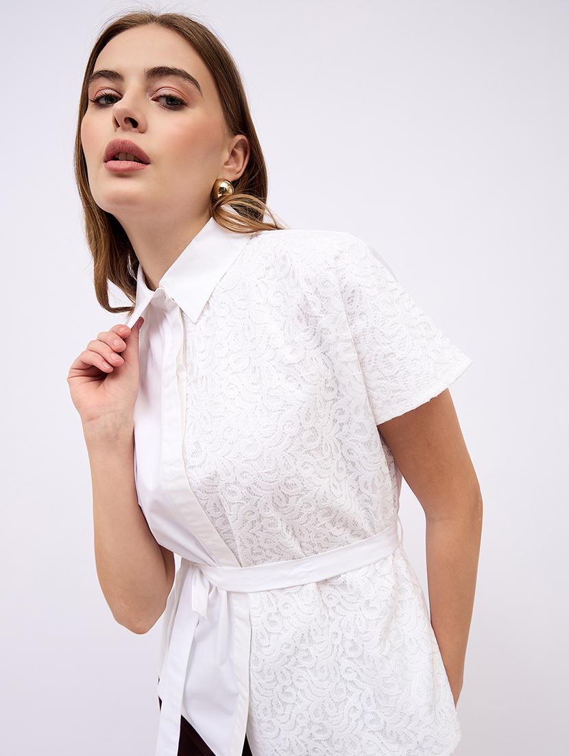 women lace detailed collared short sleeves shirt - 21725364 - Standard Image - 2