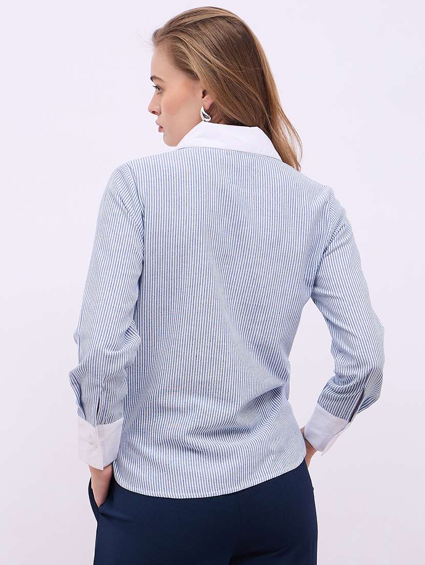 women striped peter pan collar short sleeves shirt - 21725365 -  Standard Image - 2