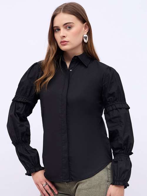 women solid collared puff sleeves shirt - 21725368 -  Standard Image - 0