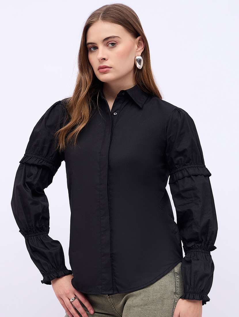 women solid collared puff sleeves shirt - 21725368 -  Zoom Image - 0