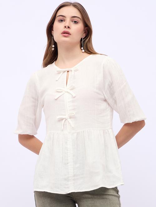 women solid tie up neck puff sleeves regular top - 21725376 - Standard Image - 0