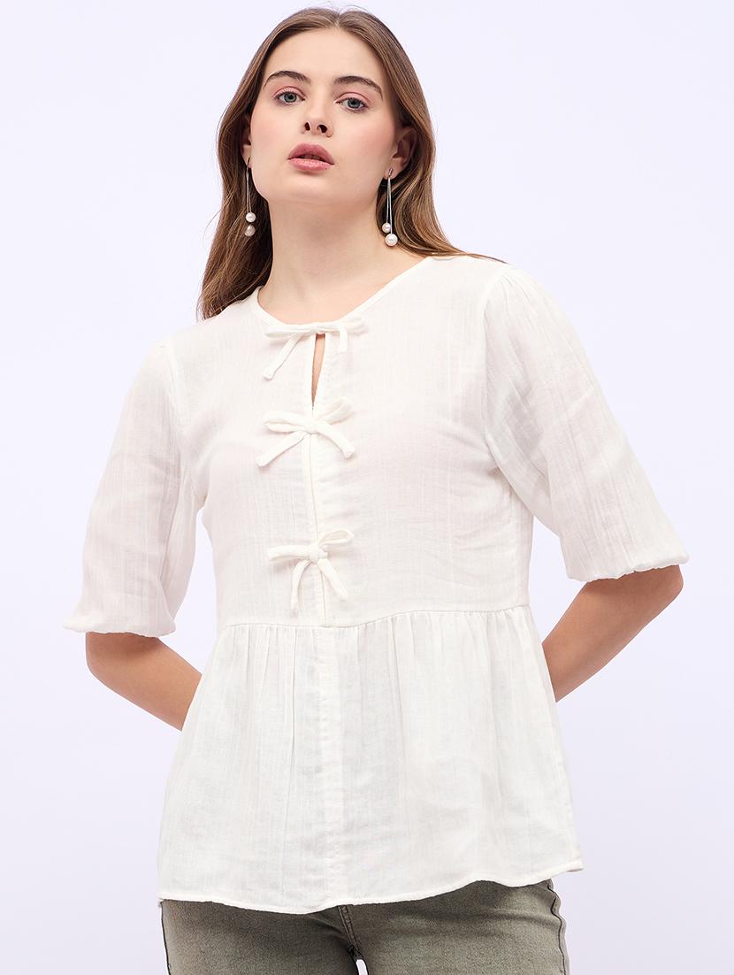 women solid tie up neck puff sleeves regular top - 21725376 - Zoom Image - 0