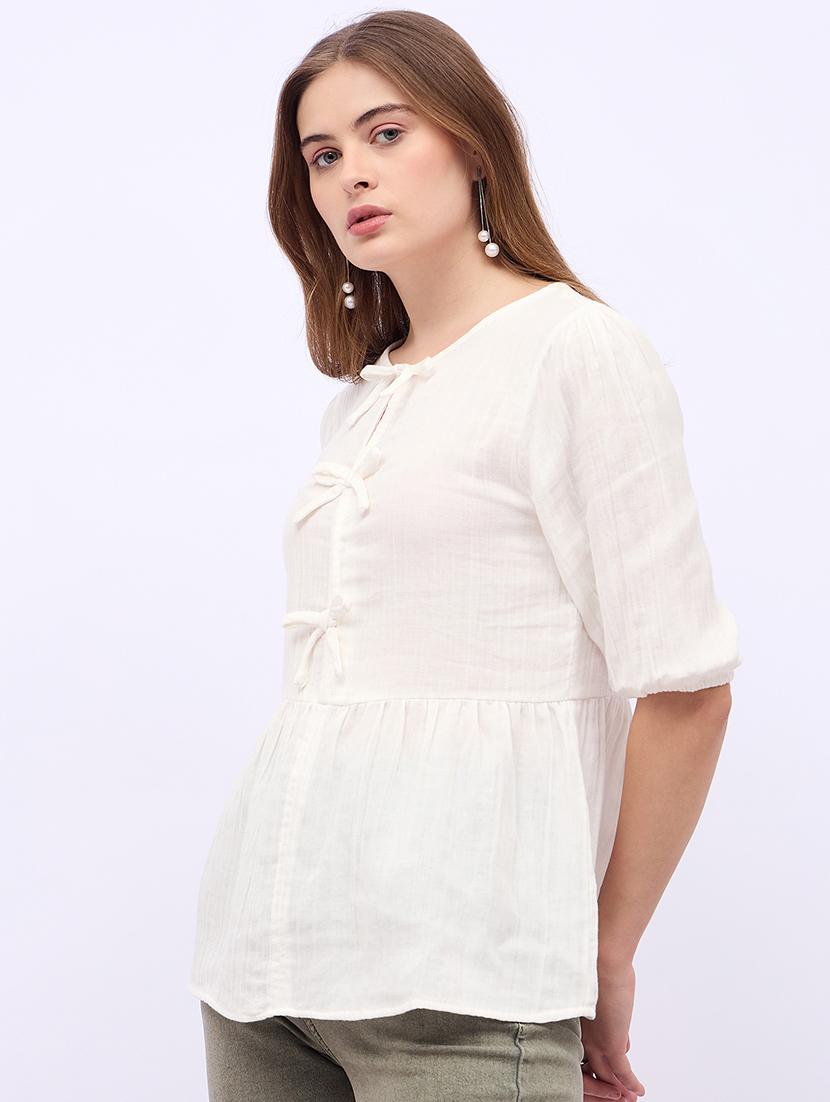 women solid tie up neck puff sleeves regular top - 21725376 - Standard Image - 2