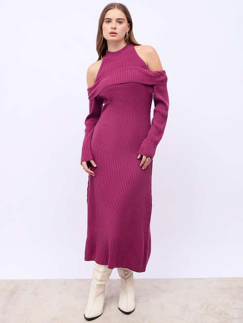 women solid cold shoulder winter wear a-line dress - 21725379 - Standard Image - 0