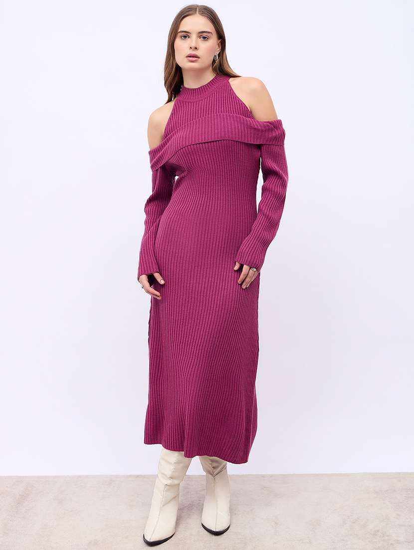 women solid cold shoulder winter wear a-line dress - 21725379 - Zoom Image - 0