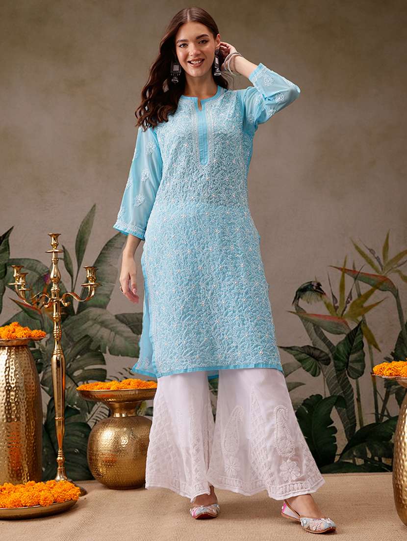 women chikankari long sleeve straight kurta