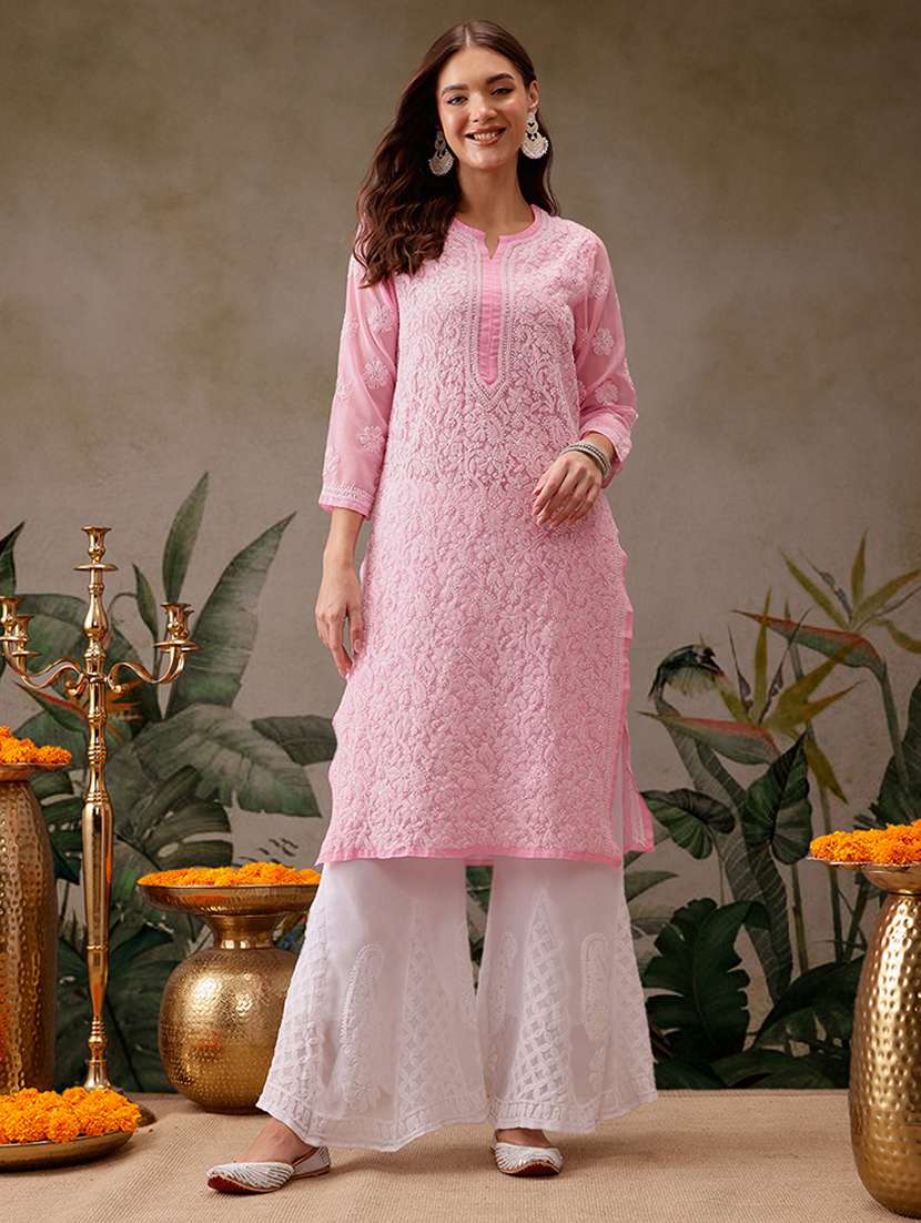 women chikankari three quarter sleeve straight kurta