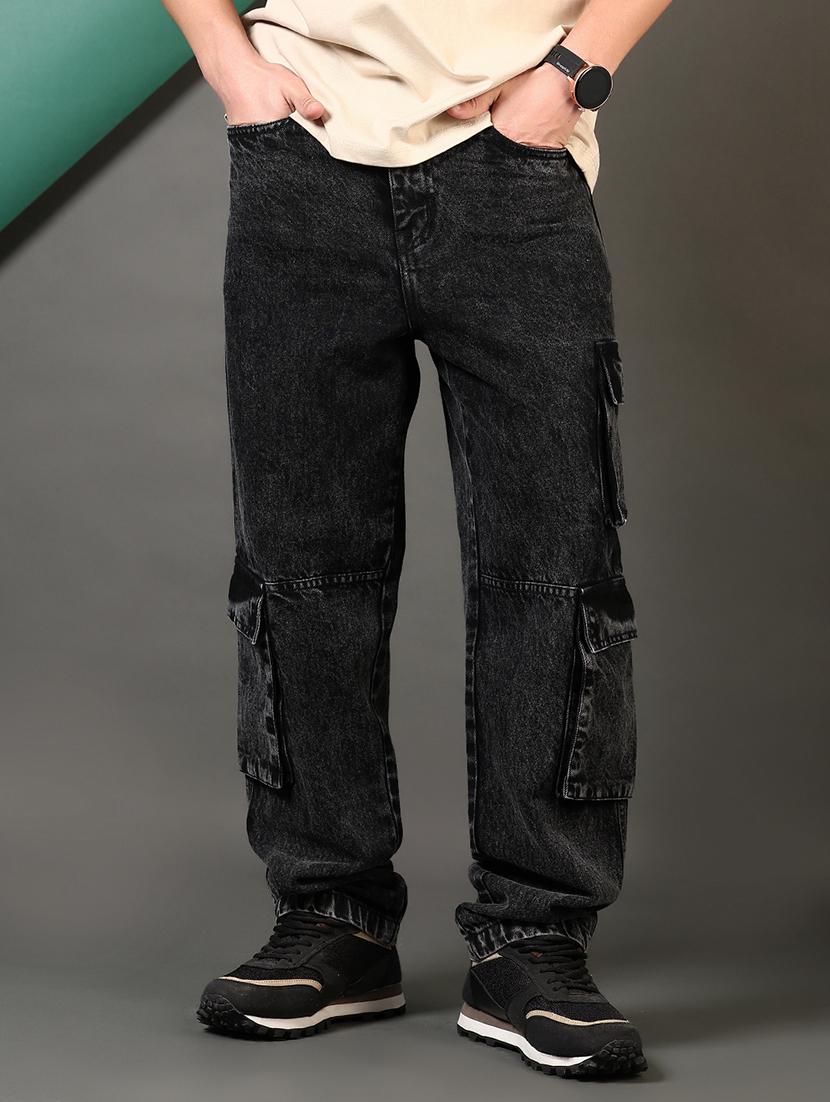 men solid mid rise denim cargo