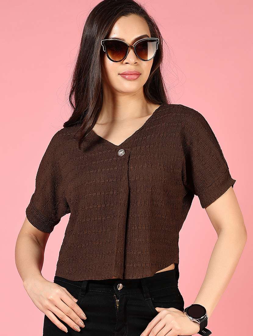 women solid collared hort sleeve crop top