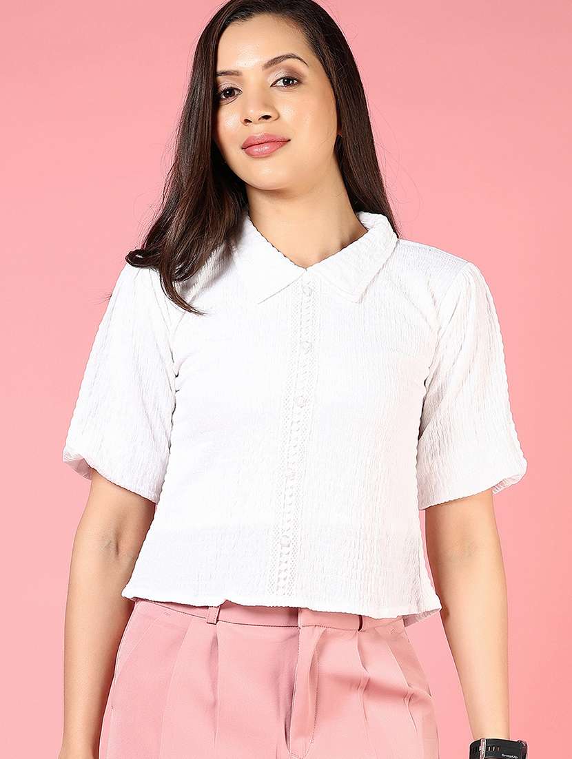 women solid collared short sleeve shirt top