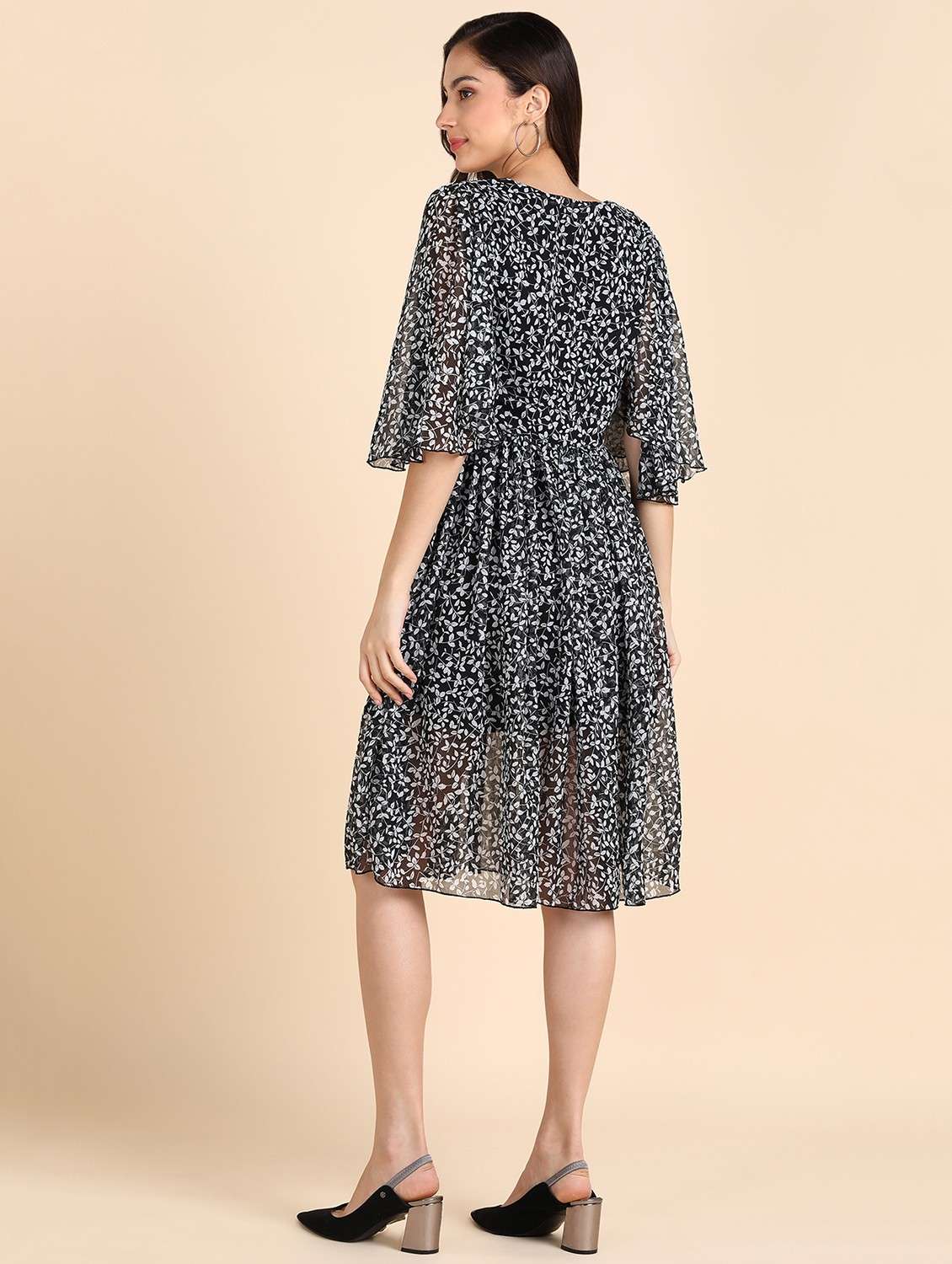 women printed puff sleeves fit & flared dress - 21725801 - Standard Image - 2