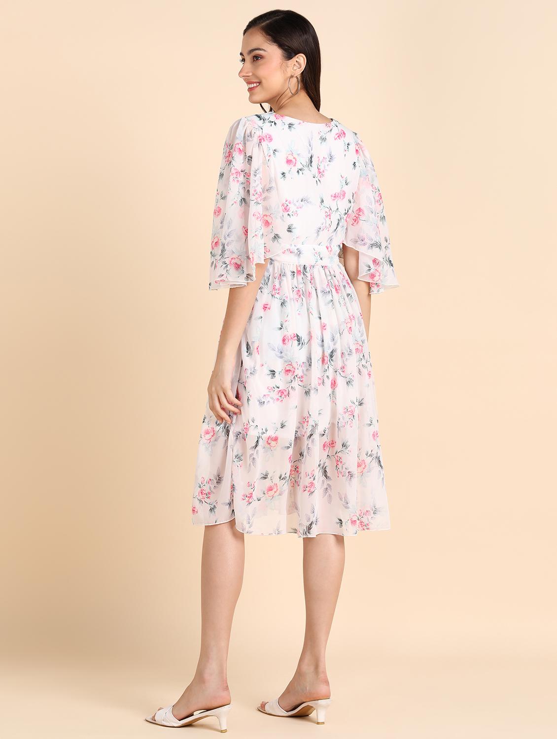 women printed puff sleeves fit & flared dress - 21725802 - Standard Image - 2