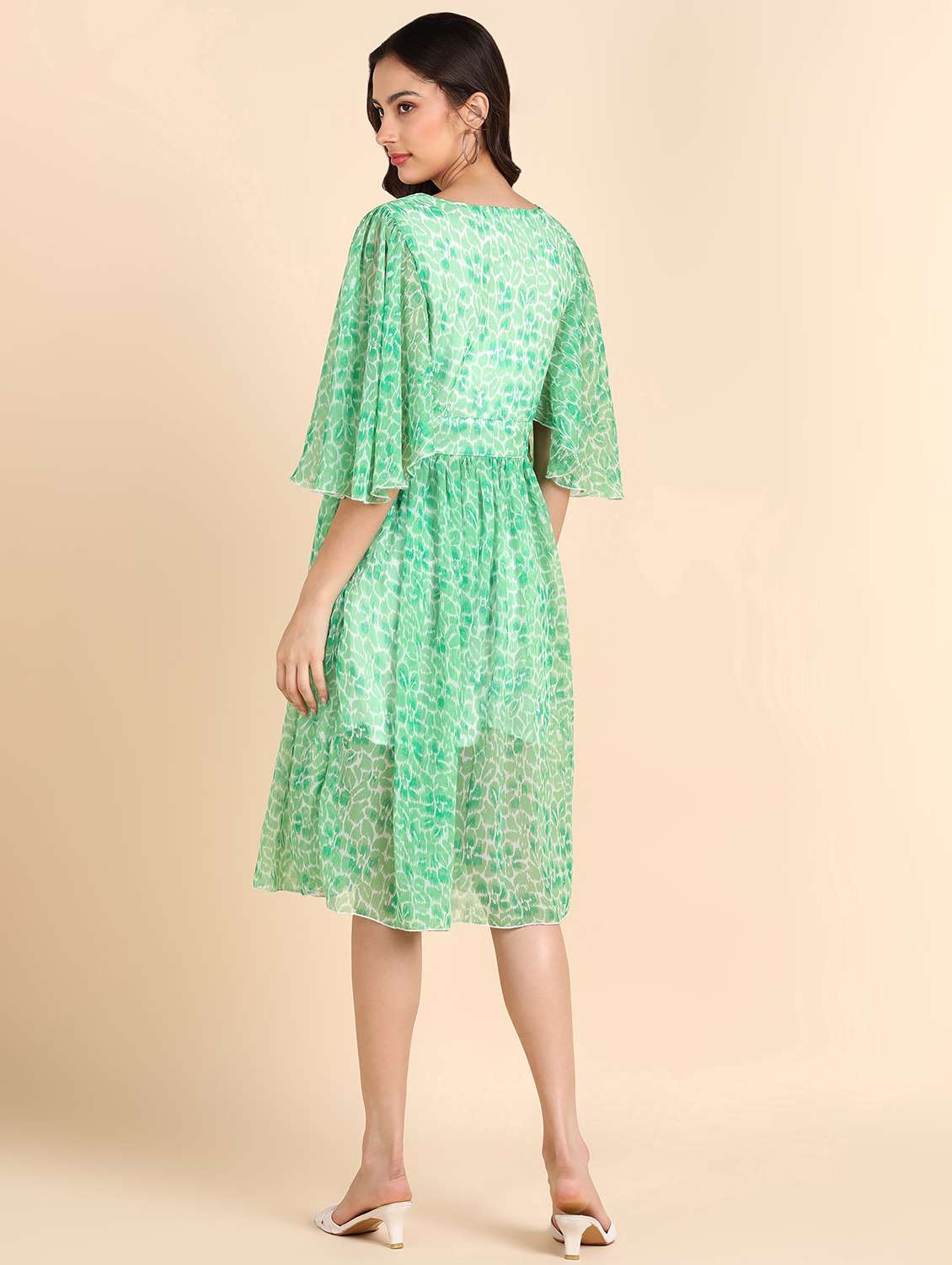 women printed puff sleeves fit & flared dress - 21725803 - Standard Image - 2