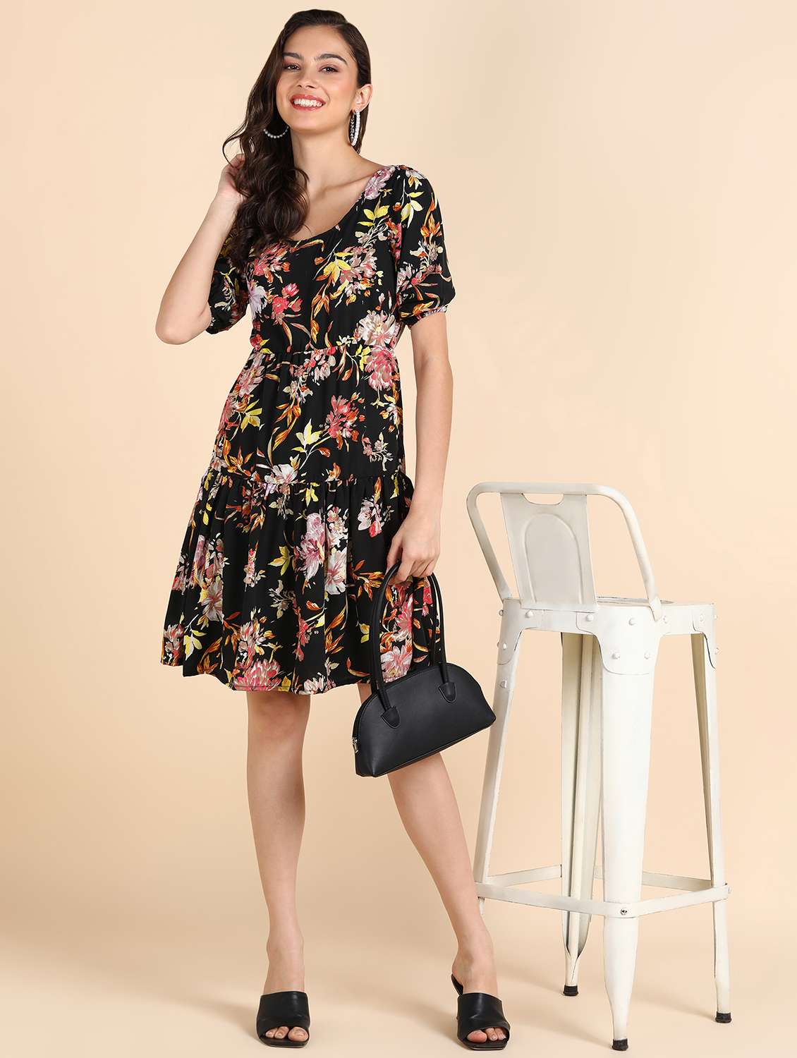 women floral print puff sleeves tiered dress