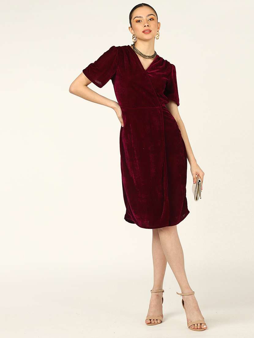 women solid puff sleeves straight dress