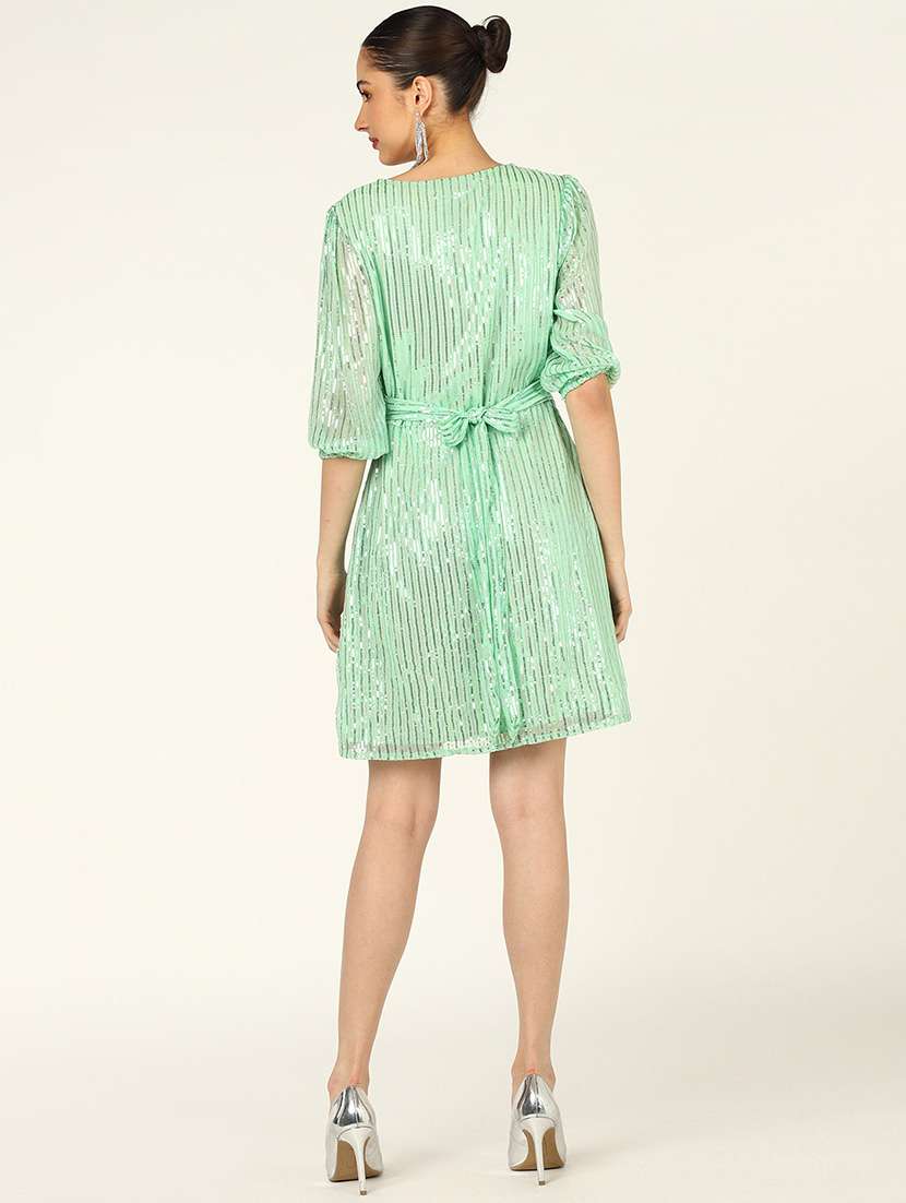 women sequined three quarter sleeves wrap dress - 21725816 - Standard Image - 2