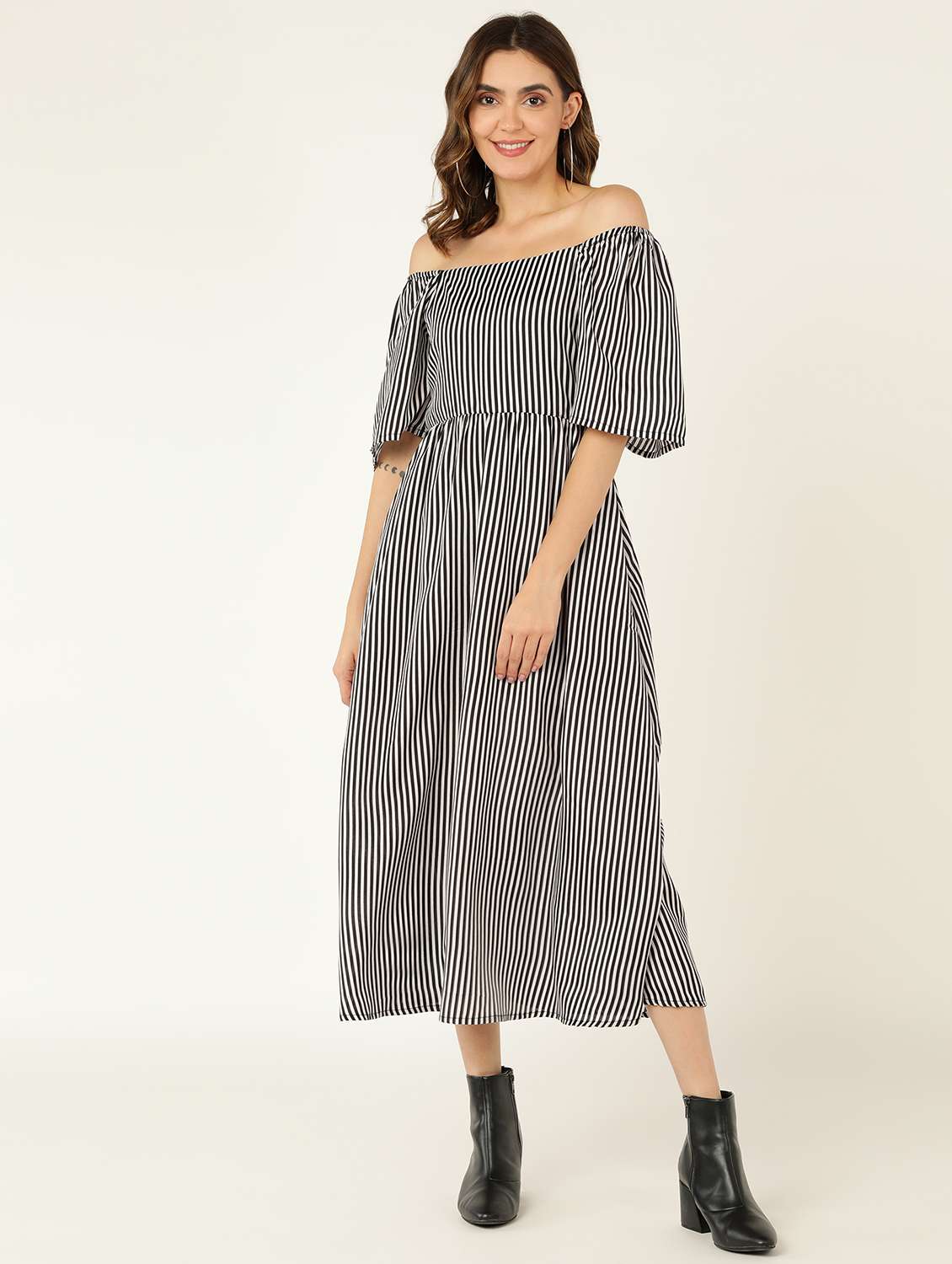 women striped off shoulder a-line dress