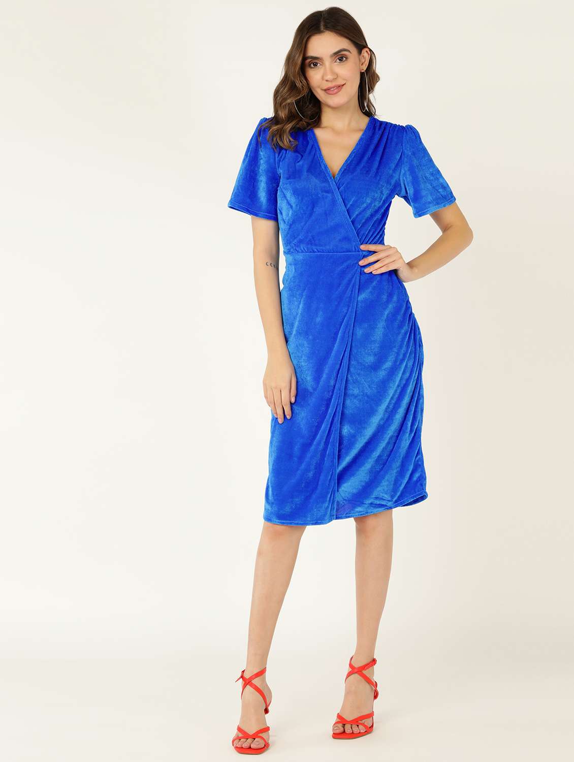 women solid puff sleeves wrap dress