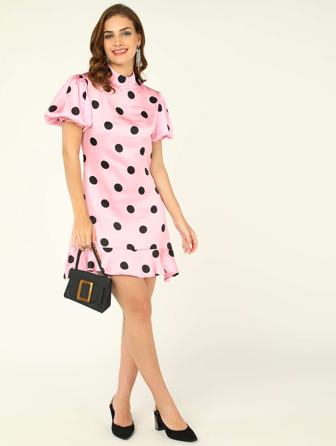 women polka doted puff sleeves tiered dress