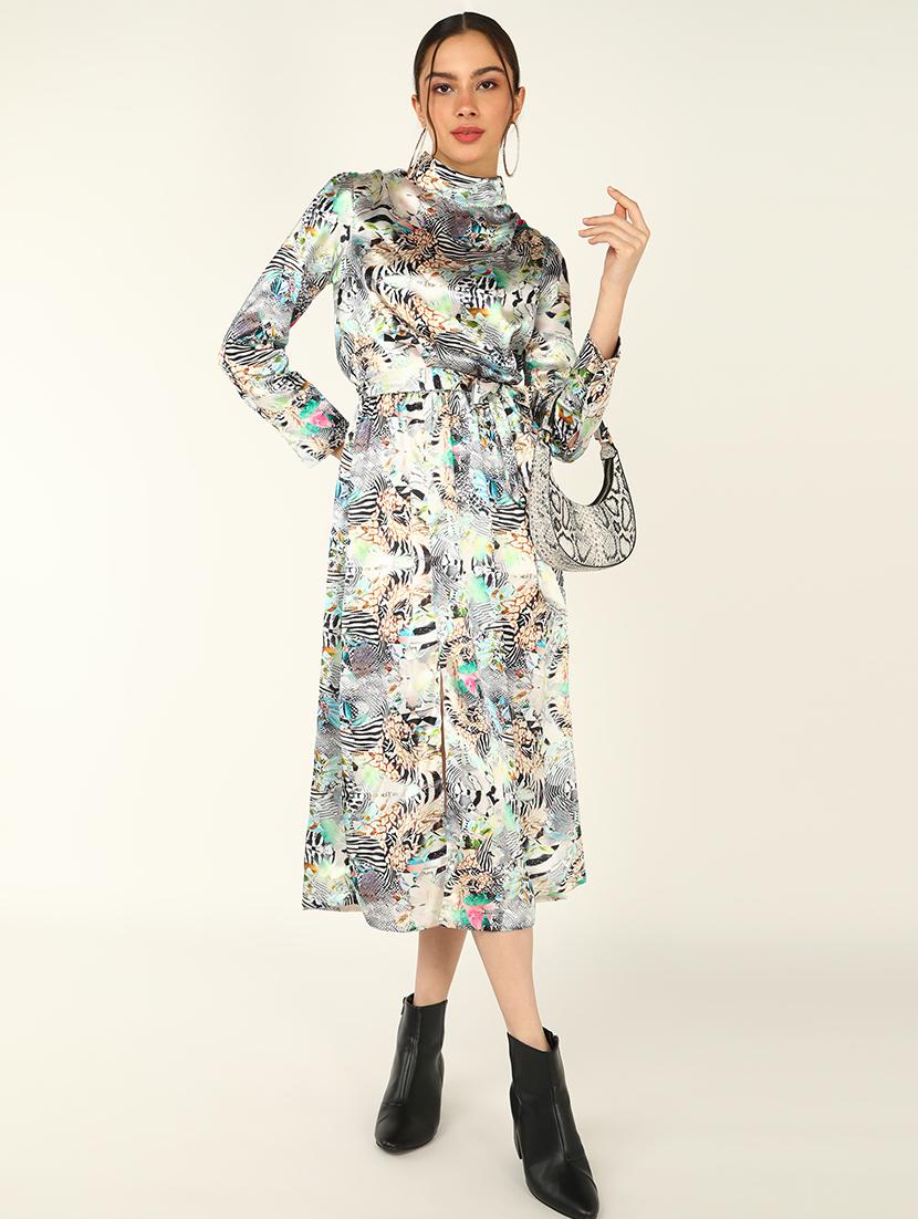 women printed mock neck long sleeves a-line dress - 21725830 -  Zoom Image - 0