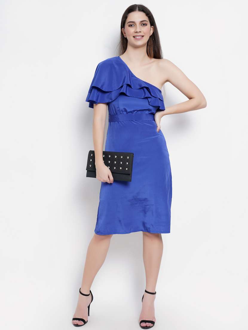 women solid ruffle detailed single shoulder dress