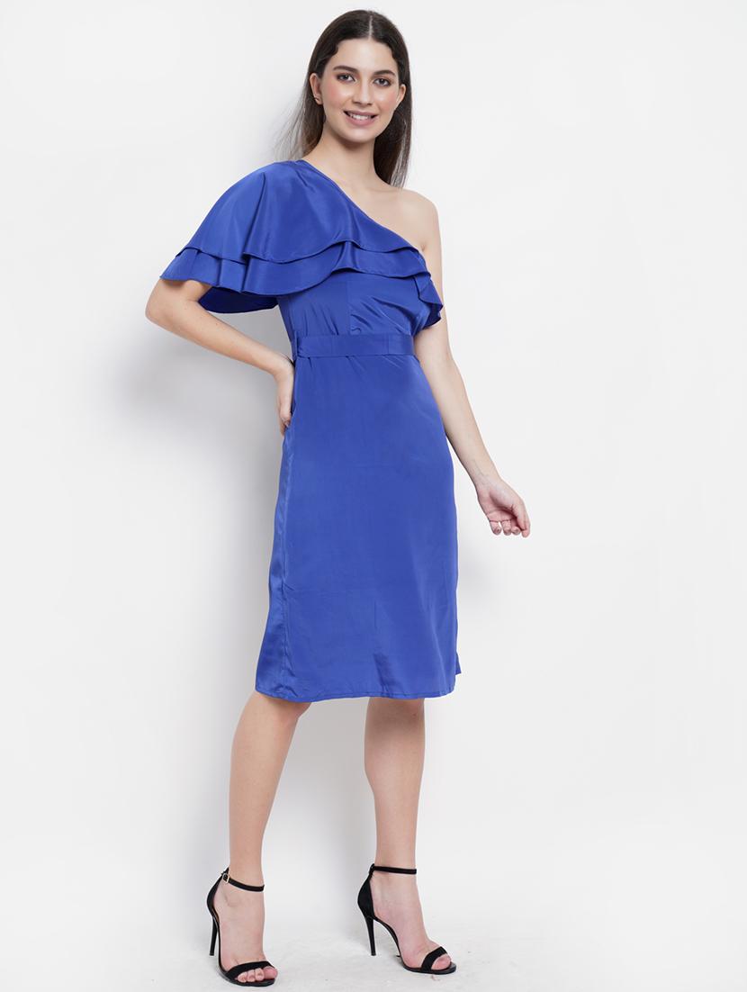 women solid ruffle detailed single shoulder dress - 21725859 - Standard Image - 2
